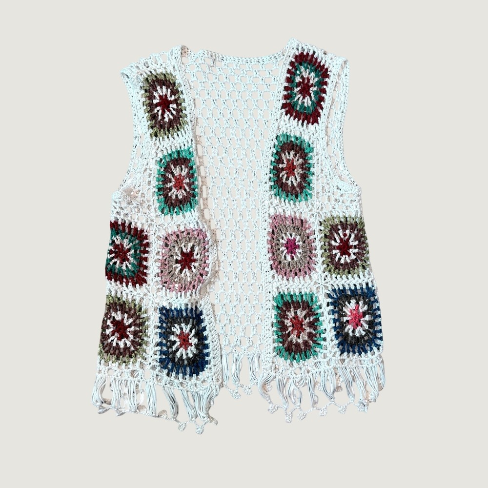 Crochet Granny Square Fringe Vest Boho Cream Multi Color Sleeveless Sz M